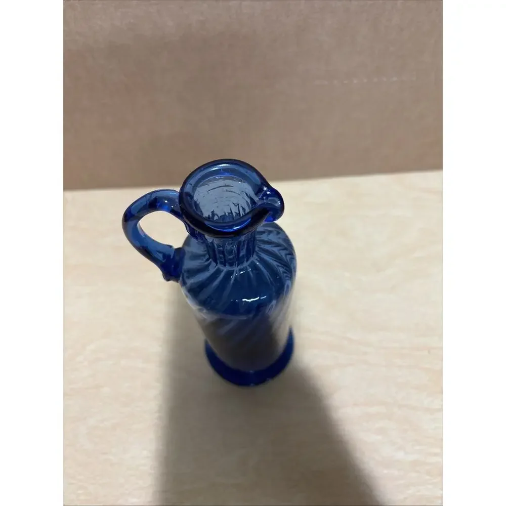 Hand-Blown Blue Glass Pitcher Vase With Handle 8.75” Tall